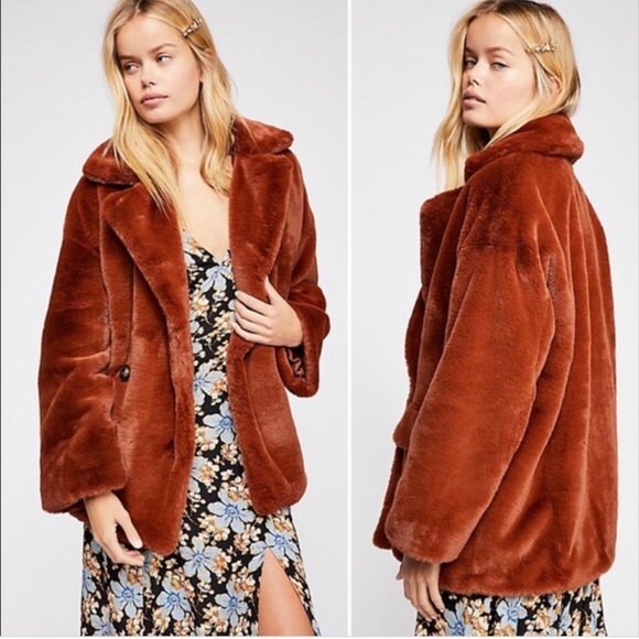 Free People Kate Faux Fur Coat in Terracotta Oversized Chunky Teddy Jacket S - Picture 5 of 16